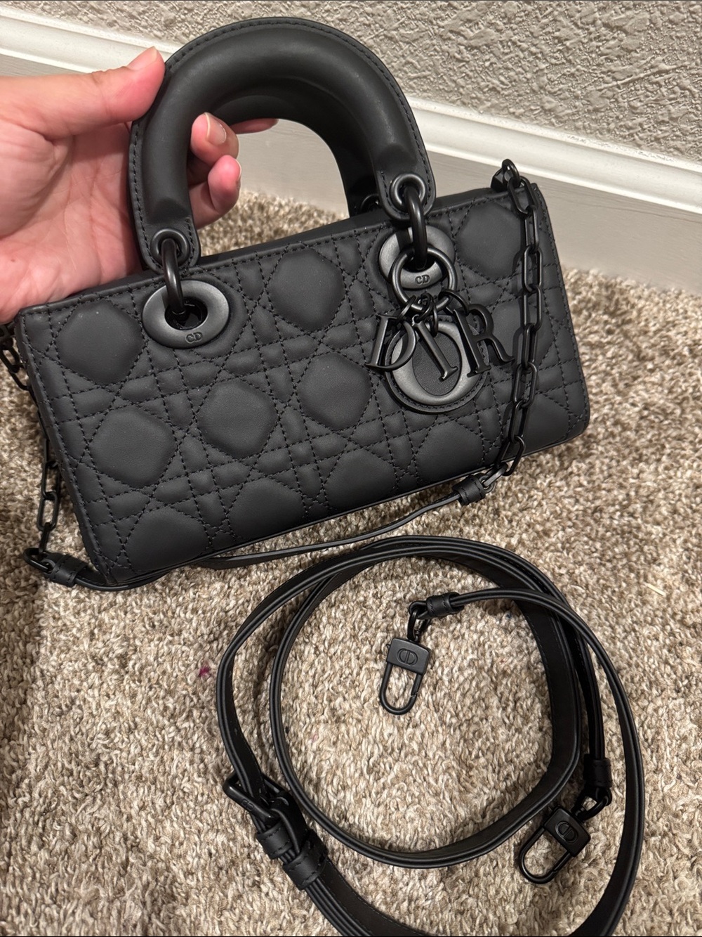 Authentic Dior Lady D-Joy Small Quilted Leather Shoulder Bag Black Ultra Matte